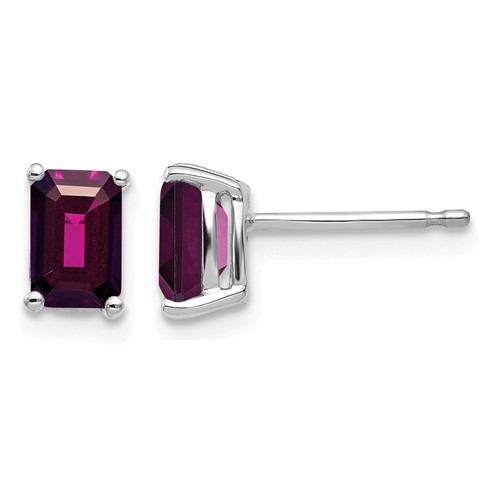 14K White Gold 6x 4mm Emerald-Cut Rhodolite Garnet Stud Earrings