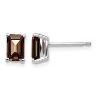 14K White Gold 6x 4mm Emerald-cut Smoky Quartz Post Earrings view 1