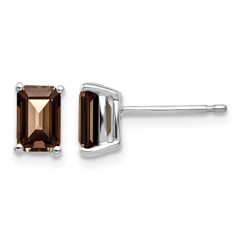 14K White Gold 6x 4mm Emerald-cut Smoky Quartz Post Earrings