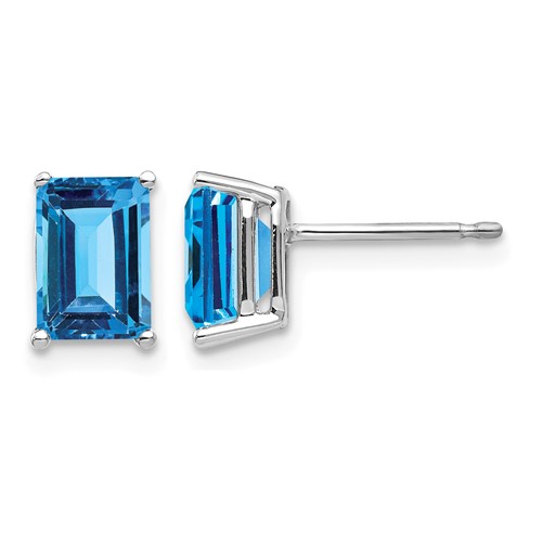 14K White Gold 7x 5mm Emerald-Cut Blue Topaz Post Earrings