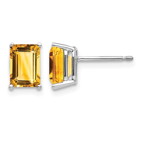 14K White Gold 7x 5mm Emerald-Cut Citrine Post Earrings