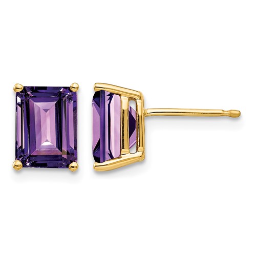 14K Yellow Gold 8x 6mm Emerald-Cut Amethyst Post Earrings