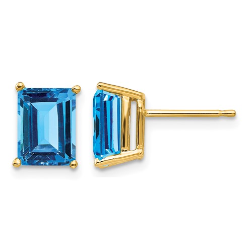 14K Yellow Gold 8x 6mm Emerald-Cut Blue Topaz Post Earrings