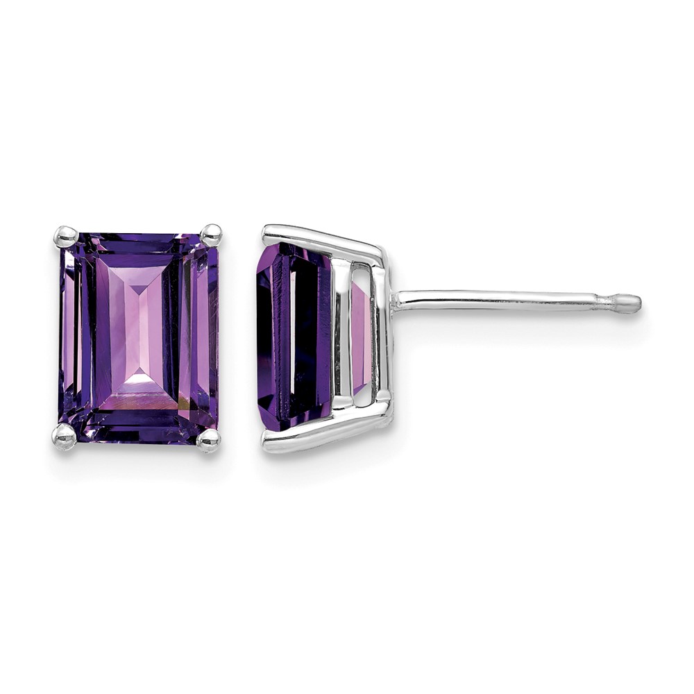 14K White Gold 8x 6mm Emerald-Cut Amethyst Post Earrings