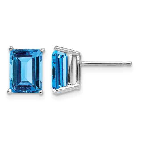 14K White Gold 8x 6mm Emerald-Cut Blue Topaz Post Earrings