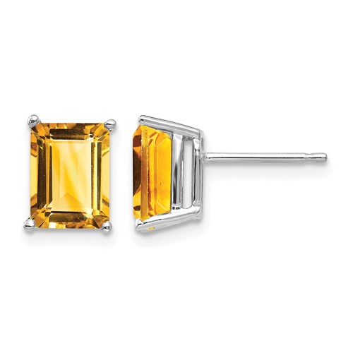 14K White Gold 8x 6mm Emerald-Cut Citrine Post Earrings