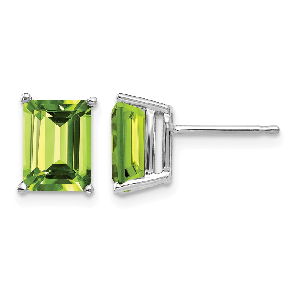 14K White Gold 8x 6mm Emerald-Cut Peridot Post Earrings
