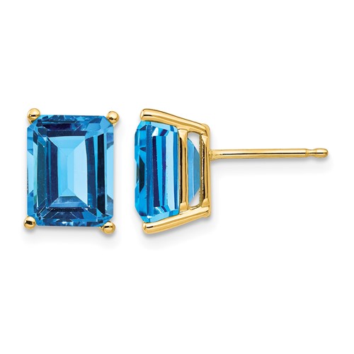14K Yellow Gold 9x 7mm Emerald-Cut Blue Topaz Post Earrings