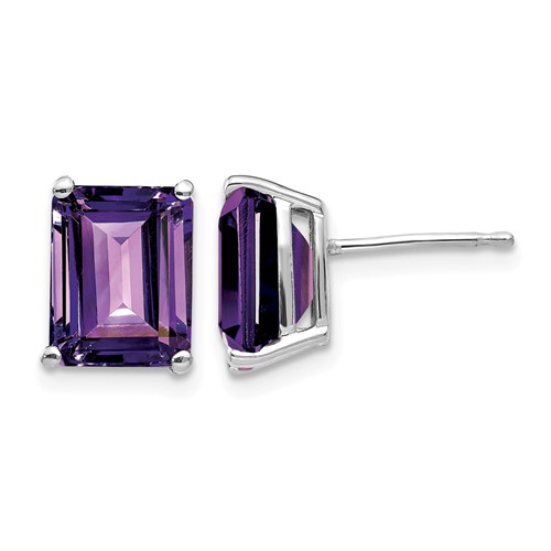 14K White Gold 9x 7mm Emerald-Cut Amethyst Post Earrings
