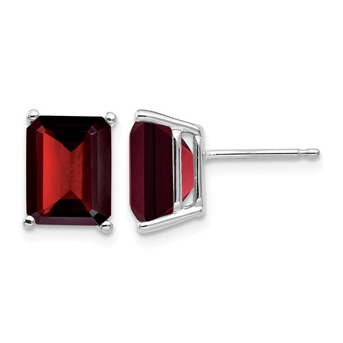 14K White Gold 9x 7mm Emerald-cut Garnet Post Earrings