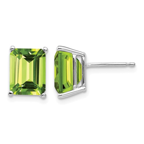 14K White Gold 9x 7mm Emerald-Cut Peridot Post Earrings