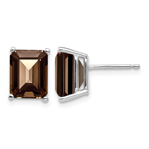 14K White Gold 9x 7mm Emerald-cut Smoky Quartz Post Earrings