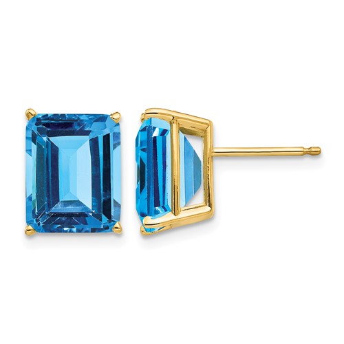 14K Yellow Gold 10x 8mm Emerald-Cut Blue Topaz Post Earrings