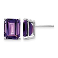 14K White Gold 10x 8mm Emerald-Cut Amethyst Stud Post Earrings view 1
