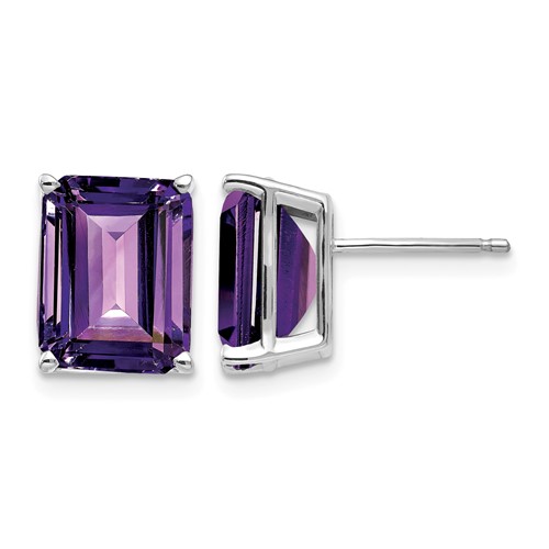 14K White Gold 10x 8mm Emerald-Cut Amethyst Stud Post Earrings