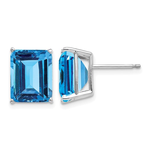 14K White Gold 10x 8mm Emerald-Cut Blue Topaz Post Earrings