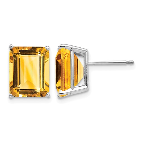 14K White Gold 10x 8mm Emerald-Cut Citrine Stud Post Earrings
