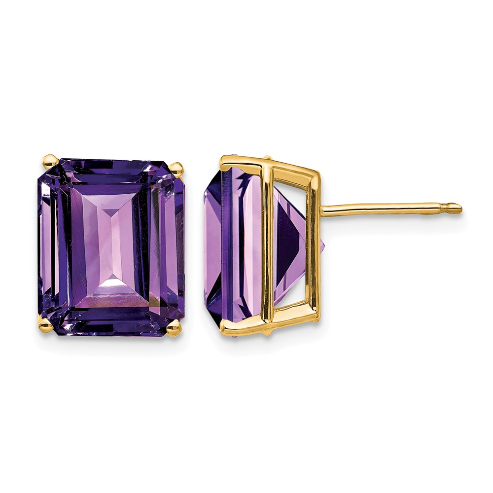 14K Yellow Gold 12x10mm Emerald-Cut Amethyst Post Earrings