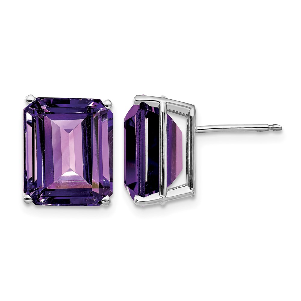 14K White Gold 12x10mm Emerald-Cut Amethyst Post Earrings