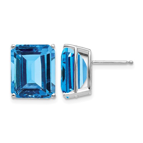 14K White Gold 12x 10mm Emerald-Cut Blue Topaz Post Earrings