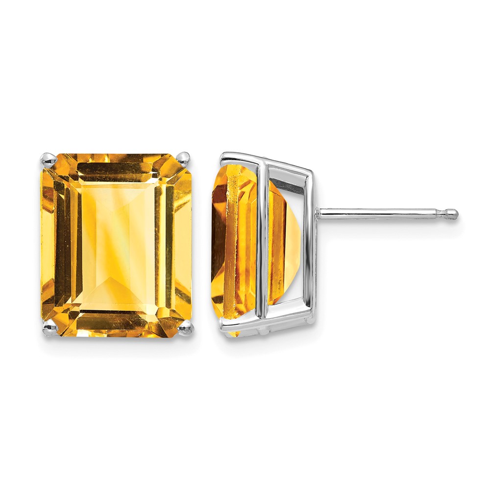 14K White Gold 12x 10mm Emerald-Cut Citrine Stud Post Earrings