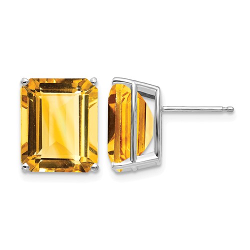 14K White Gold 12x 10mm Emerald-Cut Citrine Stud Post Earrings