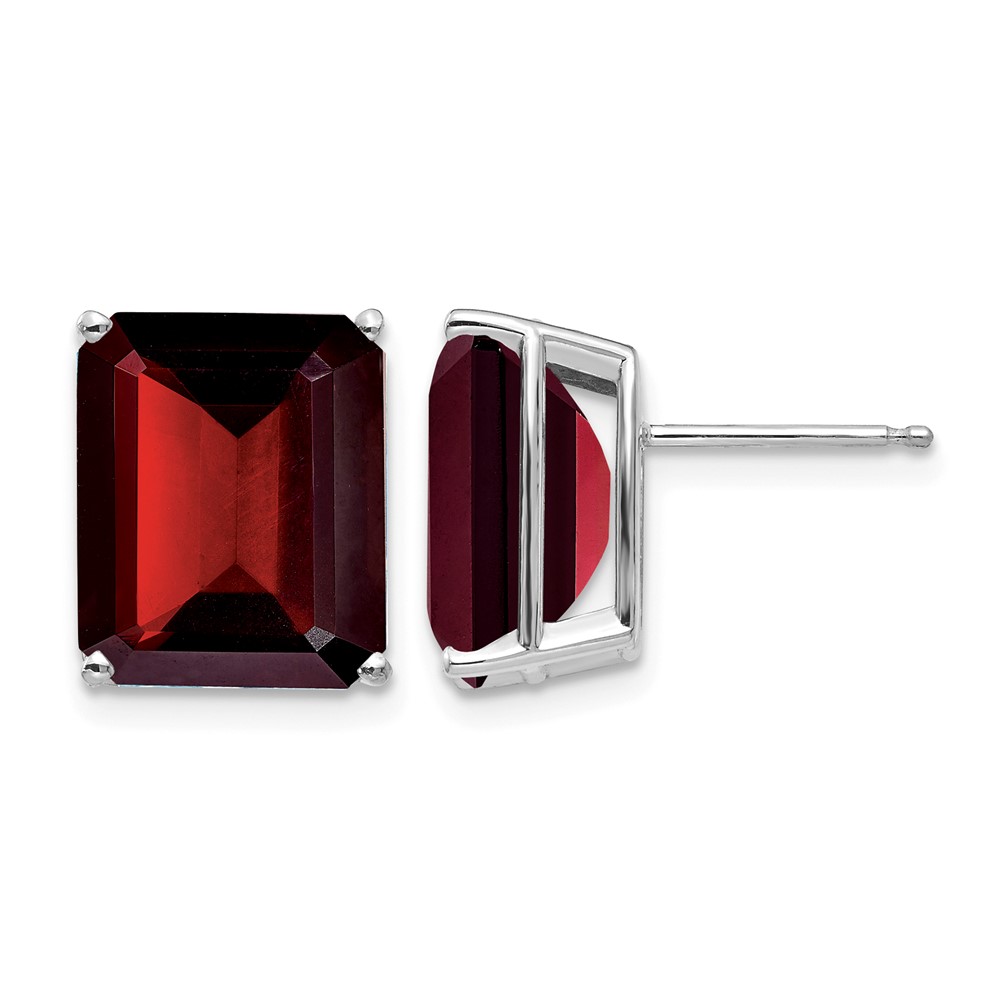 14K White Gold 12x10mm Emerald-cut Garnet Post Earrings