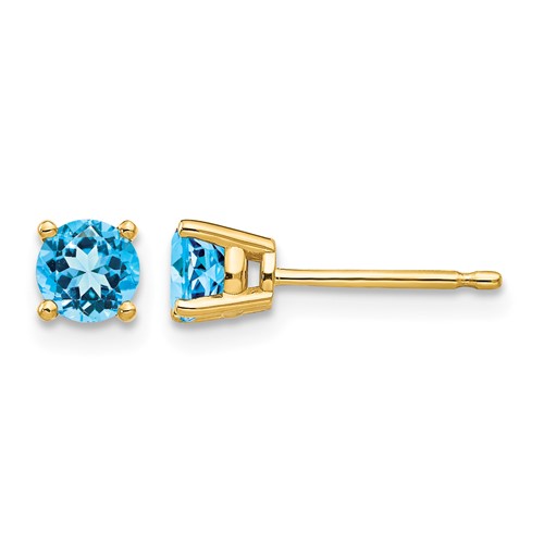 14K 4mm Yellow Gold Round Blue Topaz Post Earrings