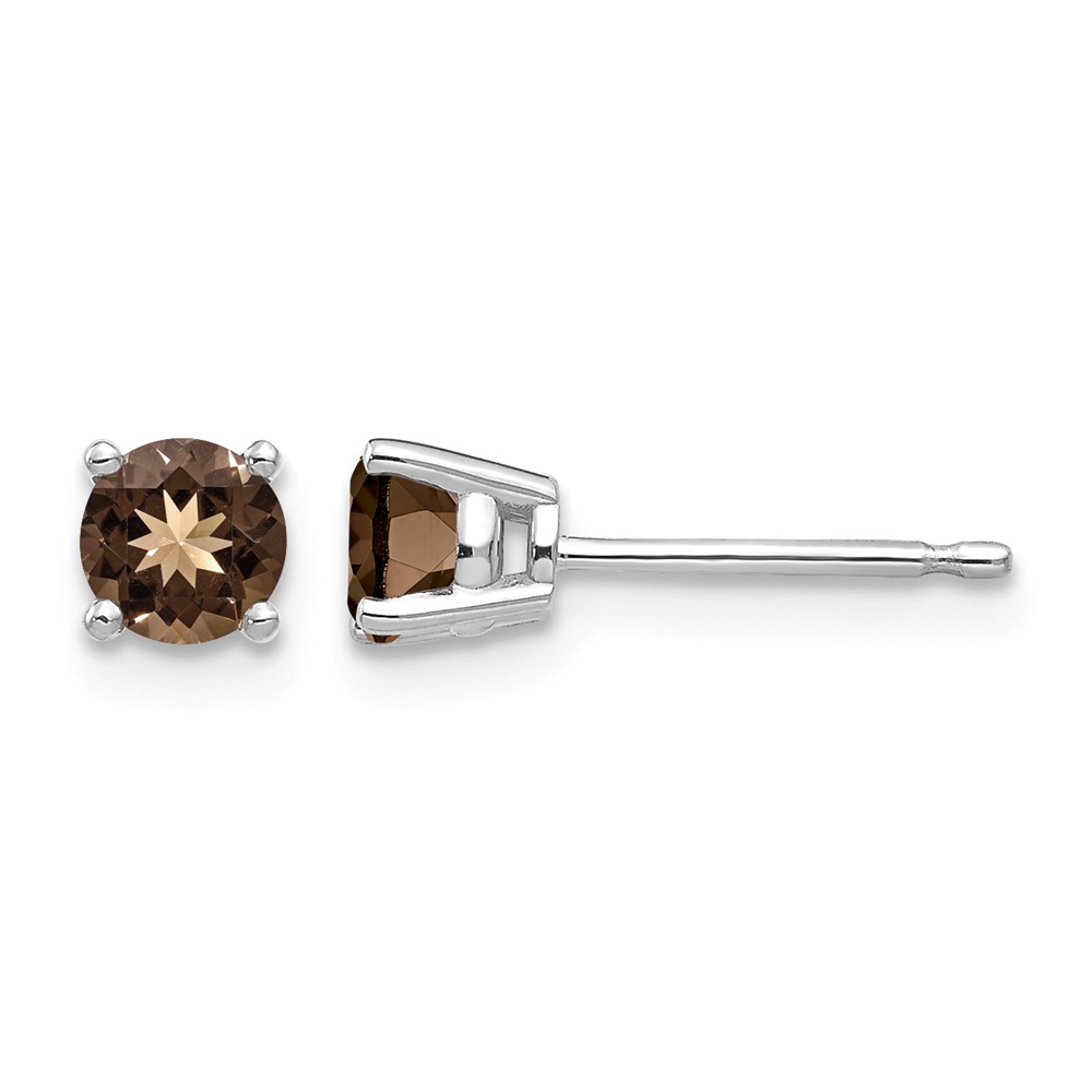 14K White Gold 4mm Round Smoky Quartz Post Earrings