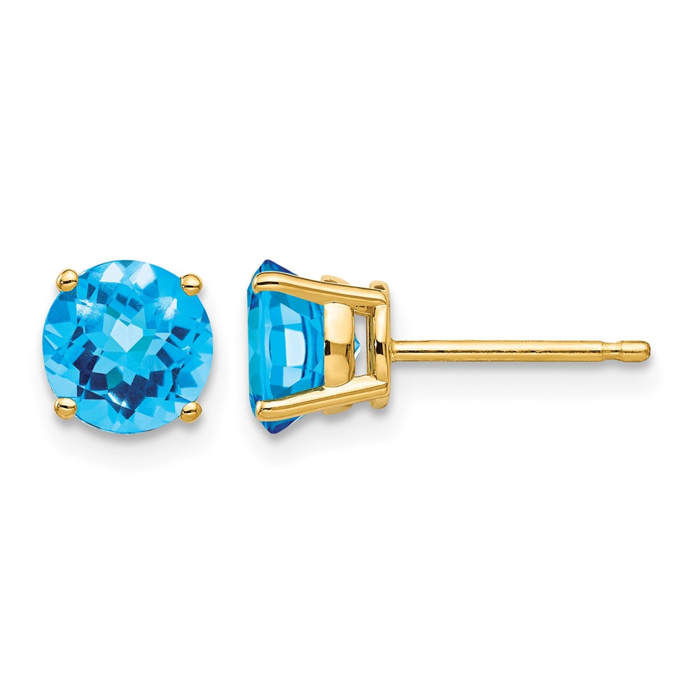 14K 6mm Yellow Gold Round Checker-cut Blue Topaz Post Earrings