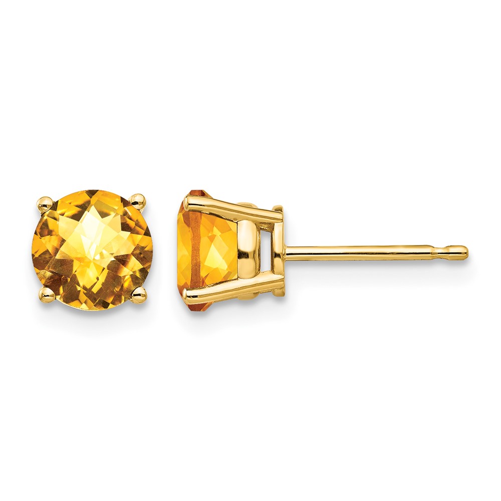 14K 6mm Yellow Gold Round Checker-cut Citrine Post Earrings