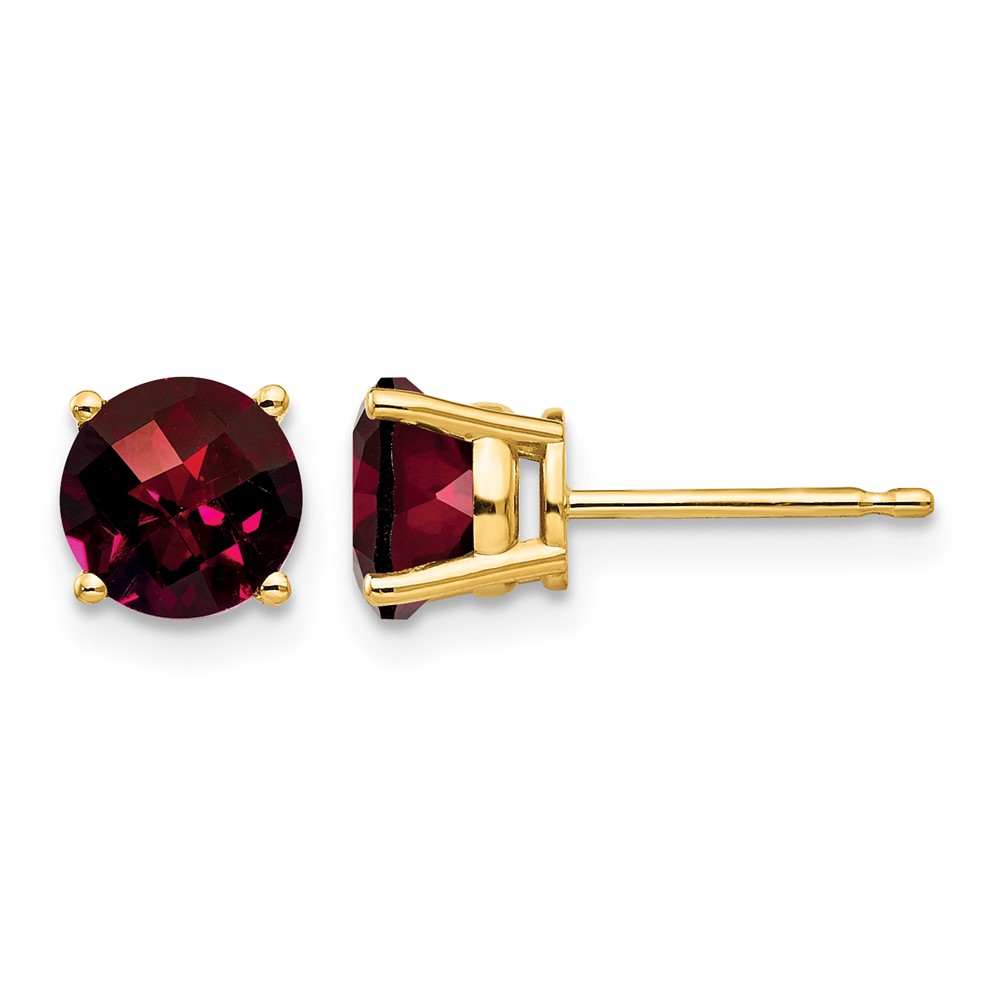 14K 6mm Yellow Gold Round Checker-cut Garnet Post Earrings