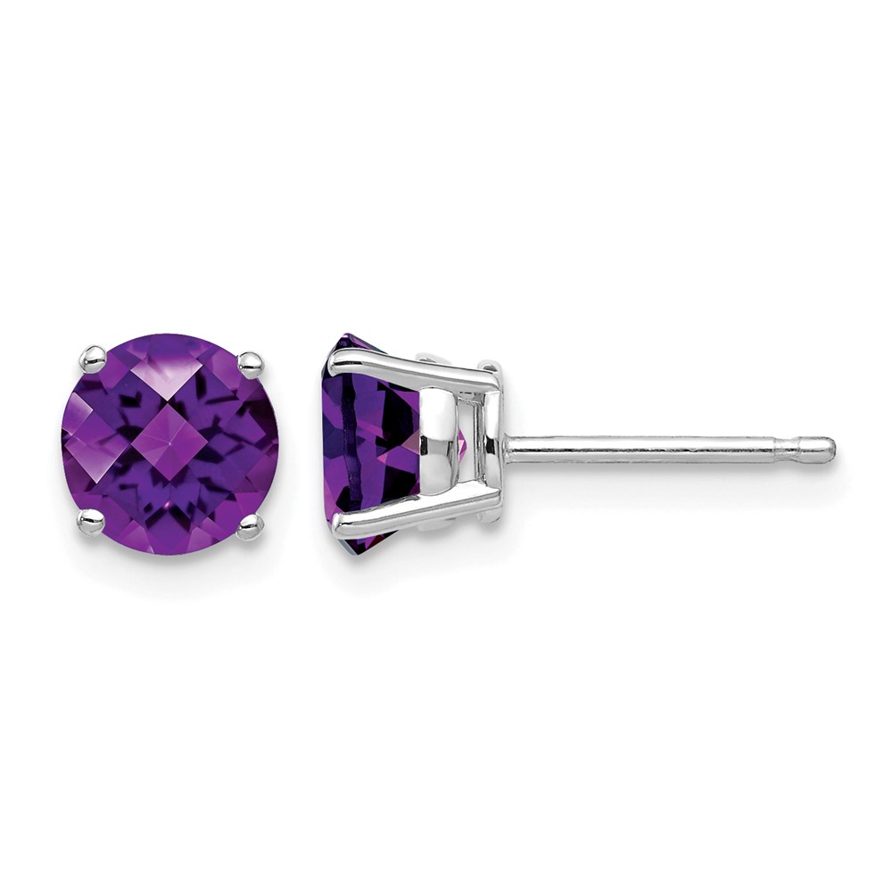 14K White Gold 6mm Round Checker-cut Amethyst Post Earrings