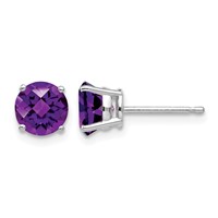 14K White Gold 6mm Round Checker-cut Amethyst Post Earrings view 1