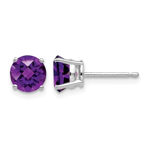 14K White Gold 6mm Round Checker-cut Amethyst Post Earrings