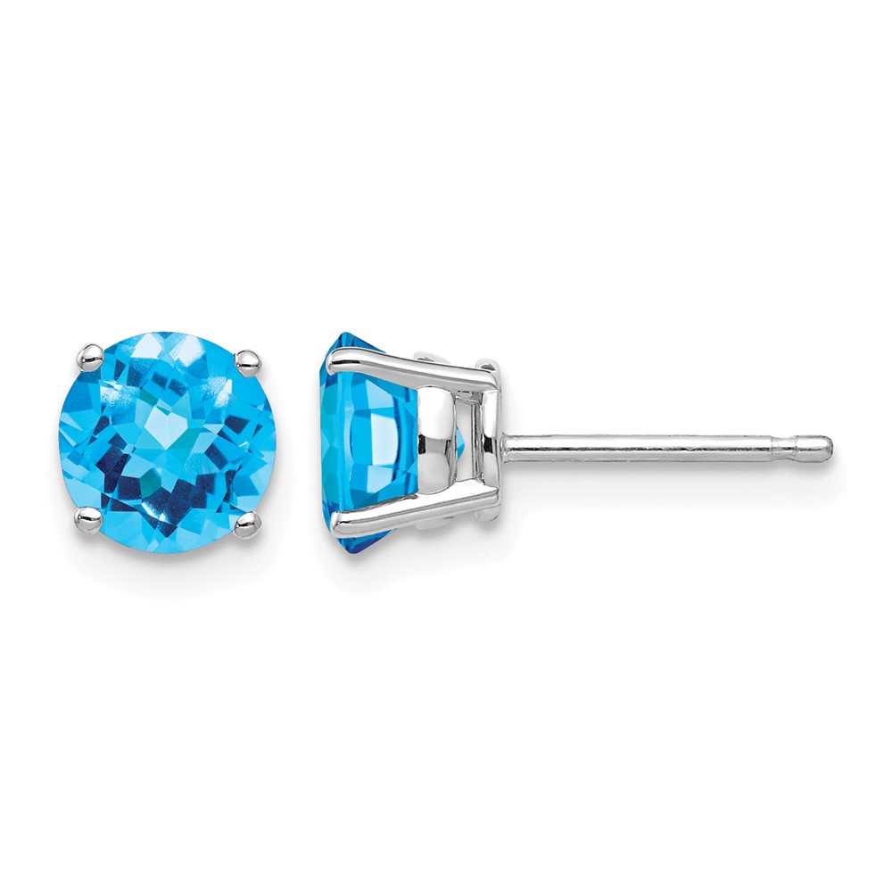 14K White Gold 6mm Round Checker-cut Blue Topaz Post Earrings