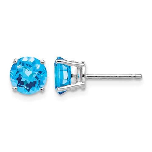 14K White Gold 6mm Round Checker-cut Blue Topaz Post Earrings