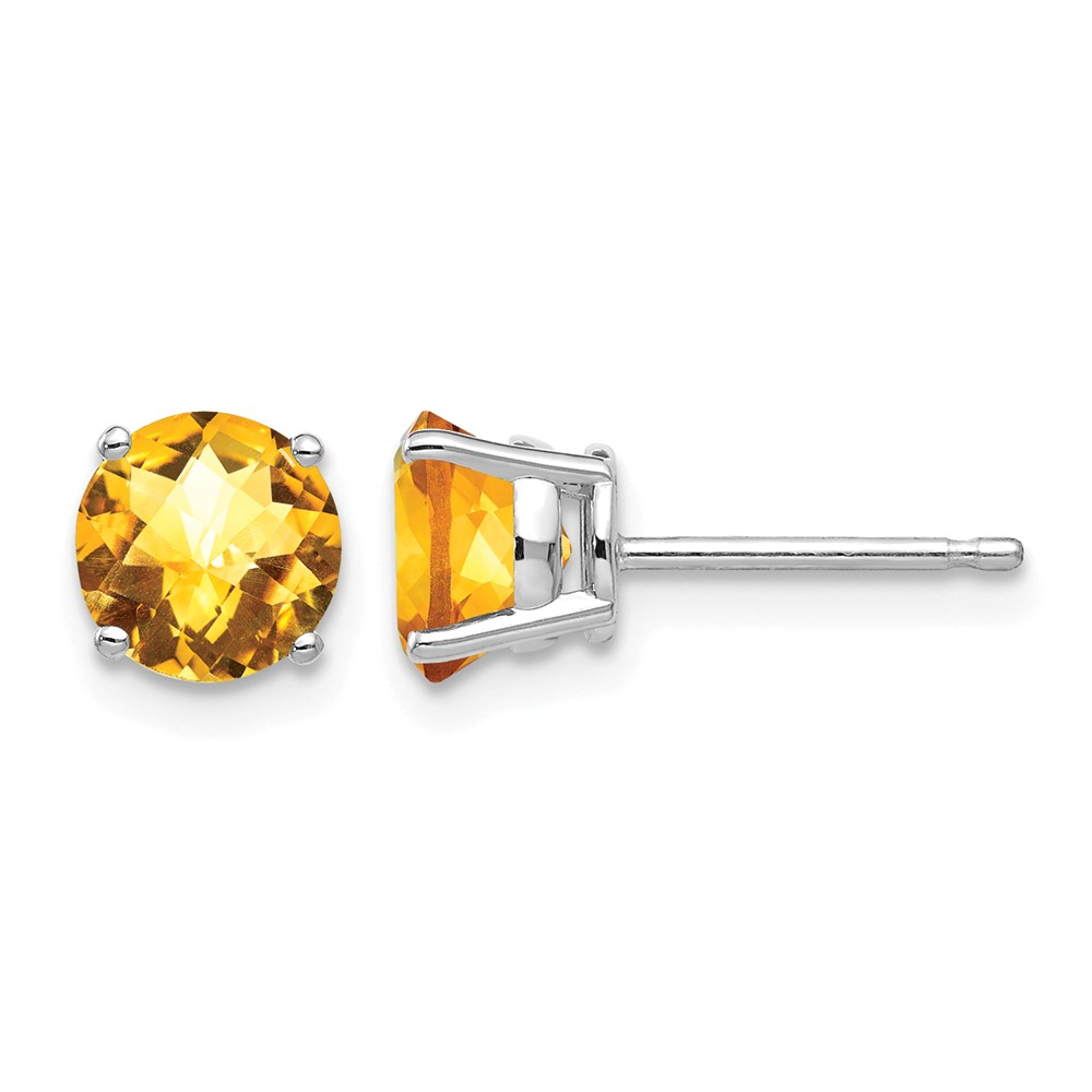 14K White Gold 6mm Round Checker-cut Citrine Post Earrings