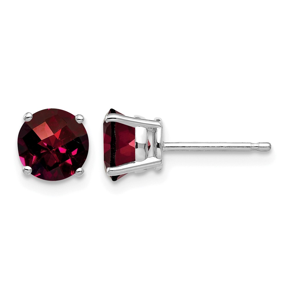 14K White Gold 6mm Round Checker-cut Garnet Post Earrings