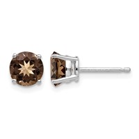 14K White Gold 6mm Round Smoky Quartz Post Earrings view 1