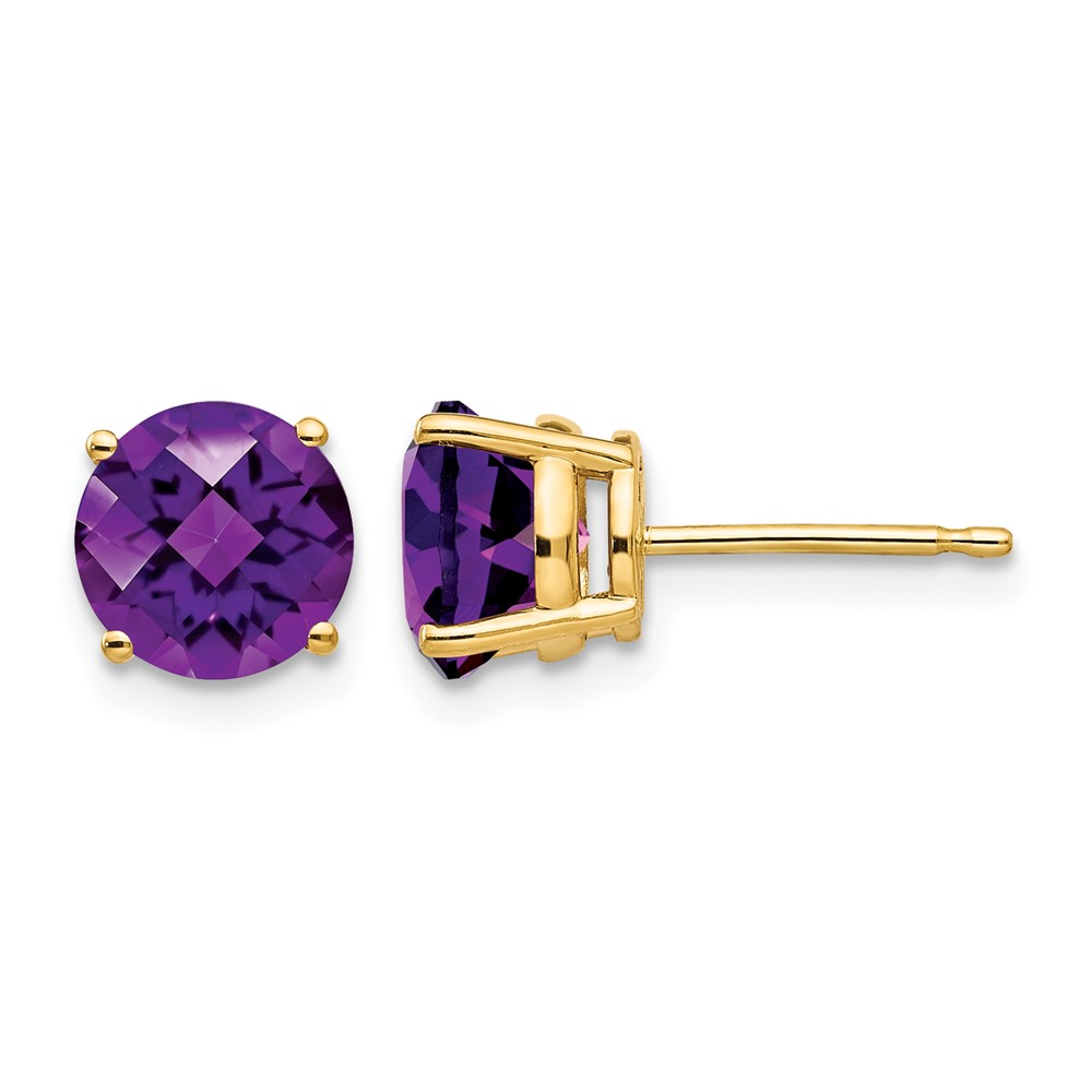 14K 7mm Yellow Gold Round Checker-cut Amethyst Post Earrings