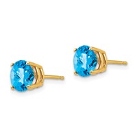 14K 7mm Yellow Gold Round Checker-cut Blue Topaz Post Earrings view 2