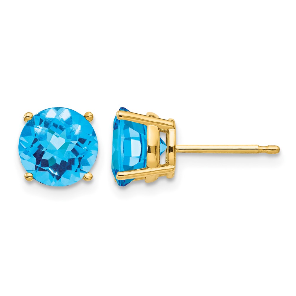 14K 7mm Yellow Gold Round Checker-cut Blue Topaz Post Earrings