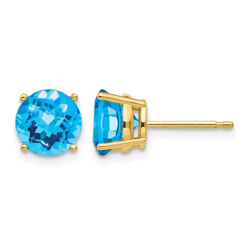 14K 7mm Yellow Gold Round Checker-cut Blue Topaz Post Earrings