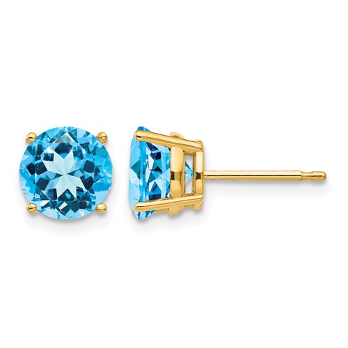 14K 7mm Yellow Gold Round Blue Topaz Post Earrings