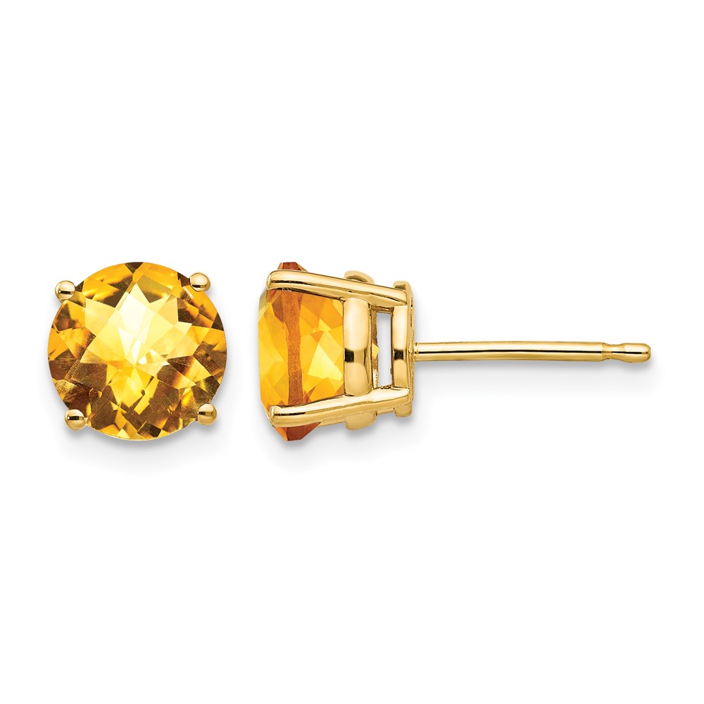 14K 7mm Yellow Gold Round Checker-cut Citrine Post Earrings