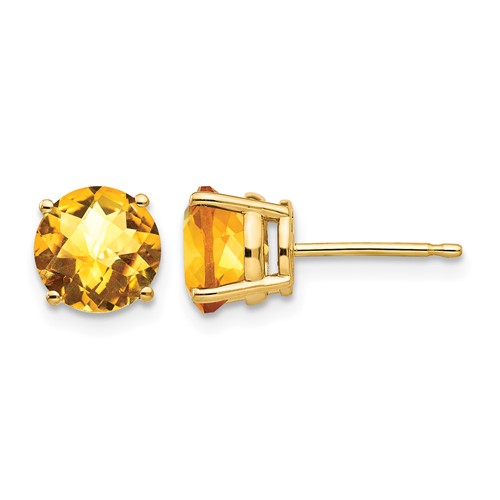 14K 7mm Yellow Gold Round Checker-cut Citrine Post Earrings