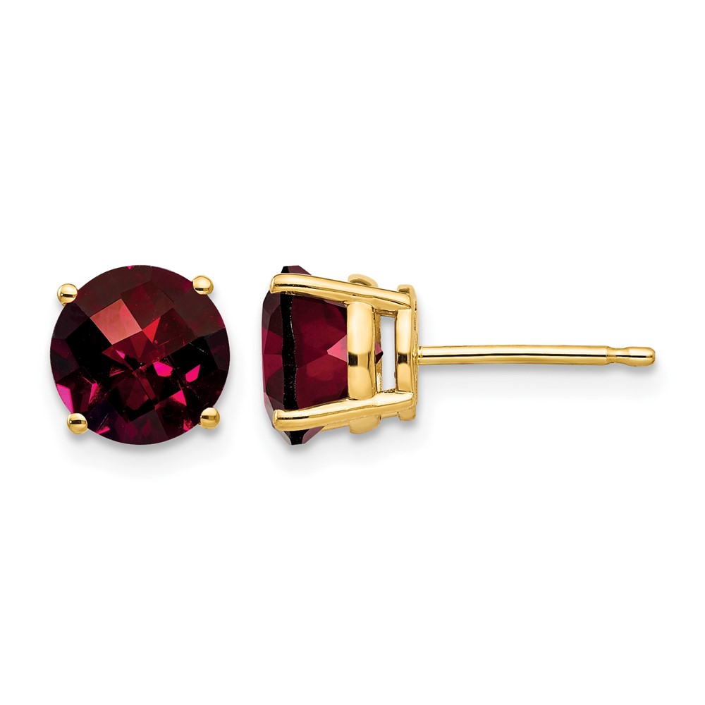 14K 7mm Yellow Gold Round Checker-cut Garnet Post Earrings