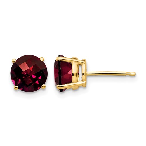 14K 7mm Yellow Gold Round Checker-cut Garnet Post Earrings