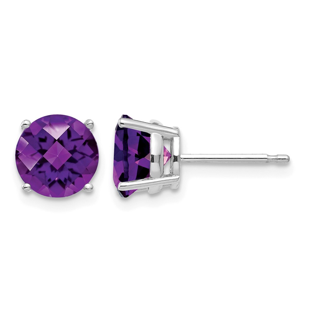 14K White Gold 7mm Round Checker-cut Amethyst Post Earrings